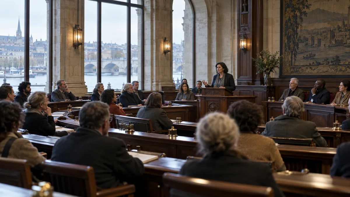 Human delegates in a river-city council chamber.
